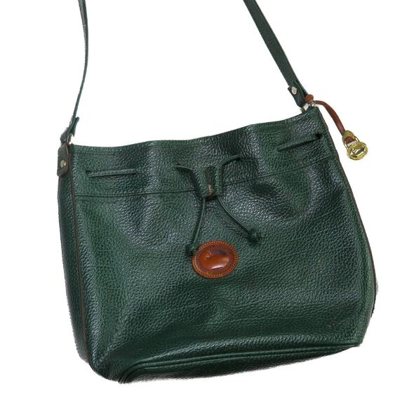 1980s Vintage Dooney & Bourke Forrest Green Leather Drawstring Crossbody Bag - Picture 1 of 10